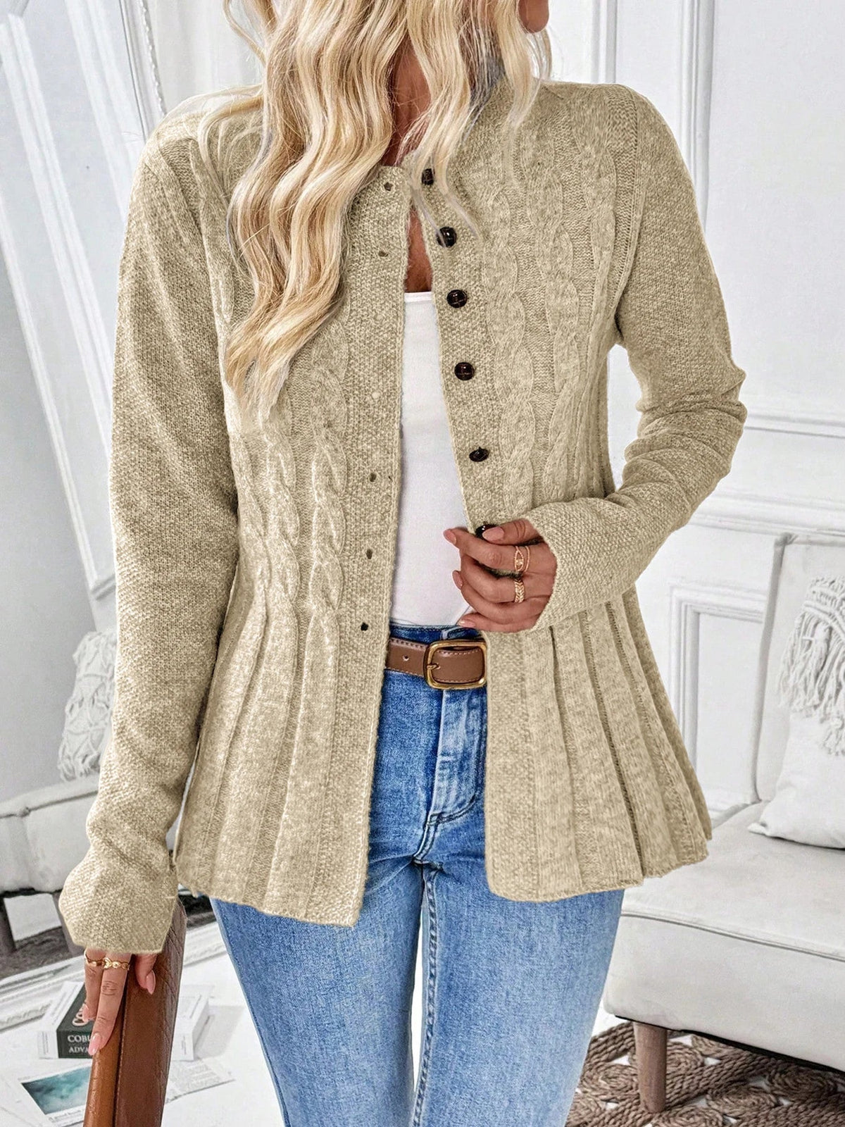 Penelope | Women's Cable-Knit Fitted Peplum Button Cardigan