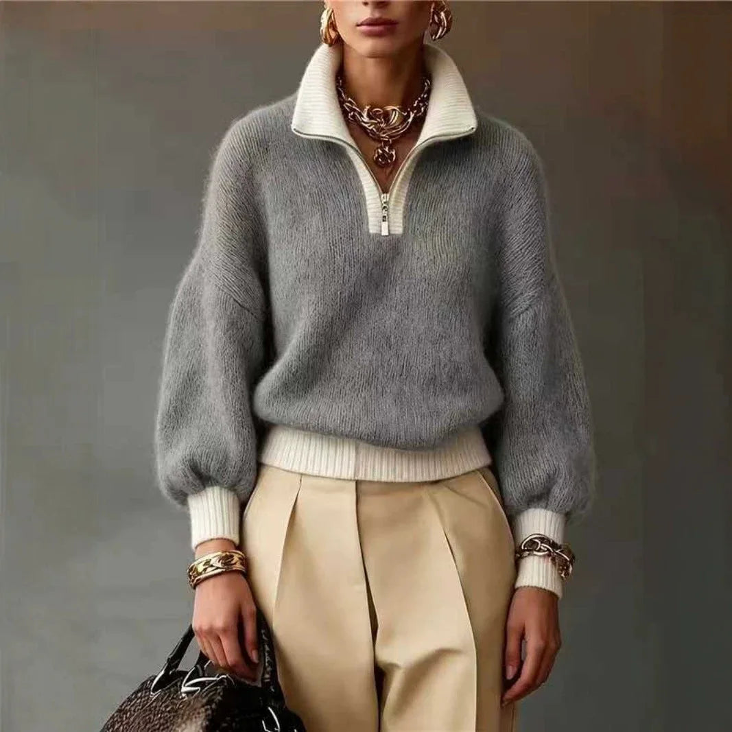 Women's Quarter-Zip Brushed Knit Jumper with Contrast Collar