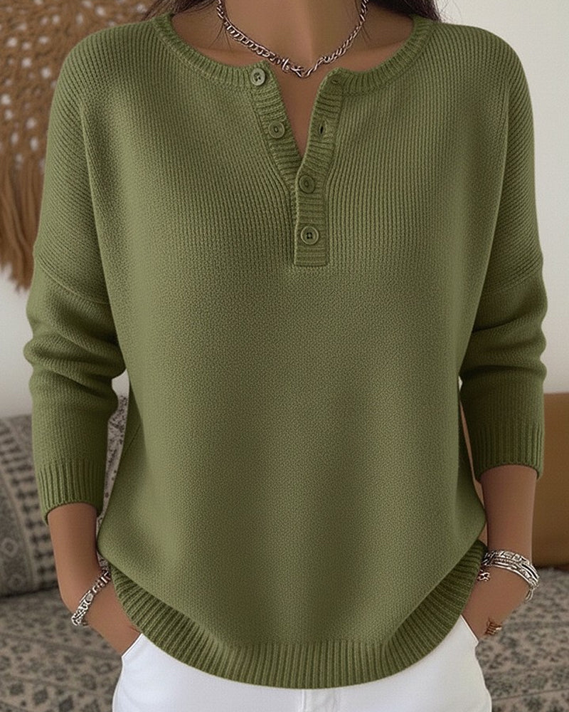 Women's Ribbed Henley Button Drop-Shoulder Knitted Jumper
