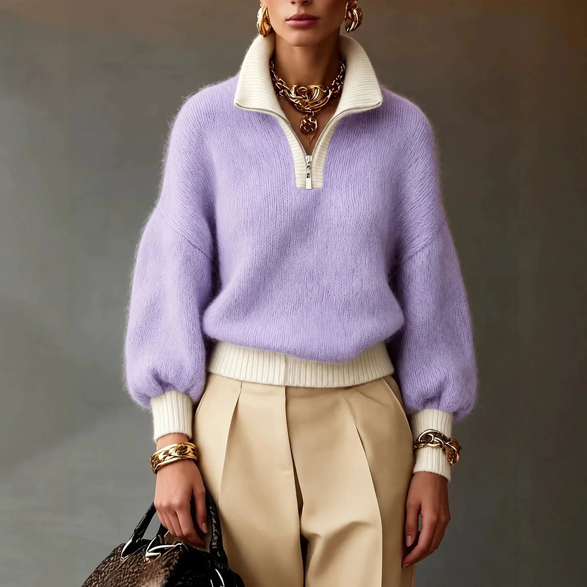 Women's Quarter-Zip Brushed Knit Jumper with Contrast Collar