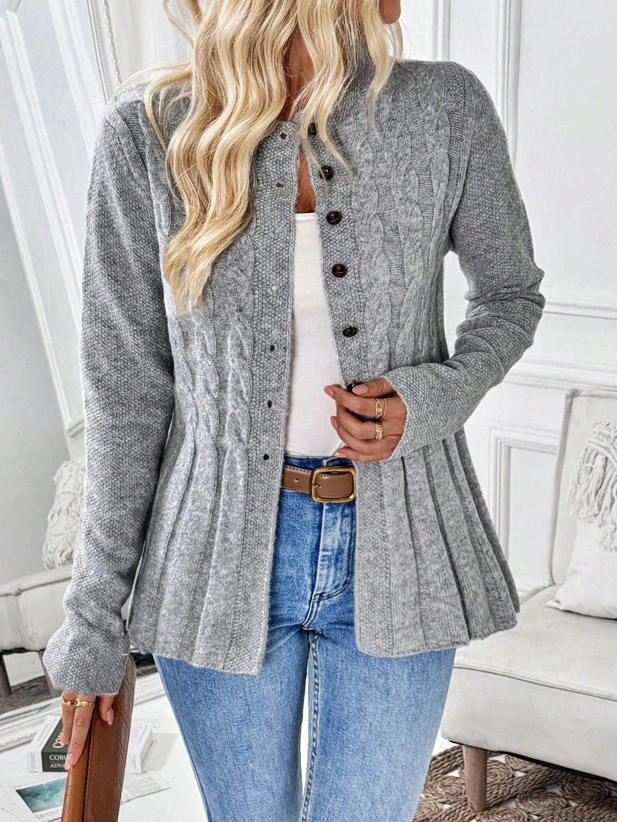 Penelope | Women's Cable-Knit Fitted Peplum Button Cardigan