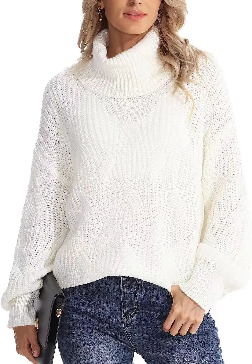 Women's Chunky Cable-Knit Oversized Turtleneck Jumper