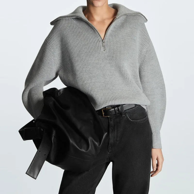 Liora | Women's Striped Ribbed Half-Zip Knitted Jumper