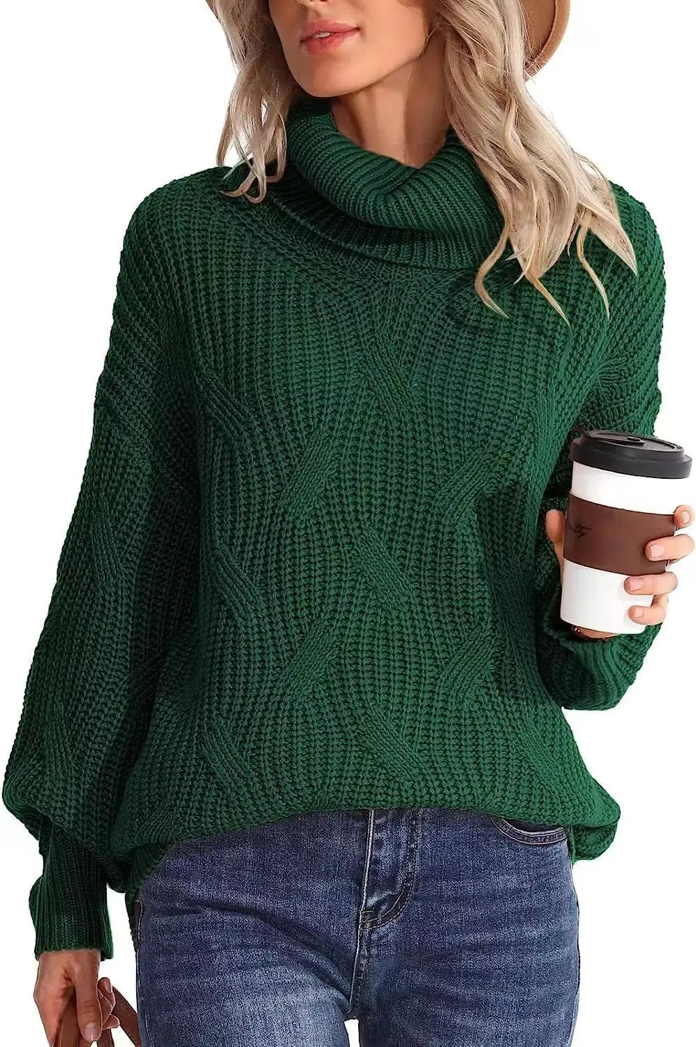 Women's Chunky Cable-Knit Oversized Turtleneck Jumper