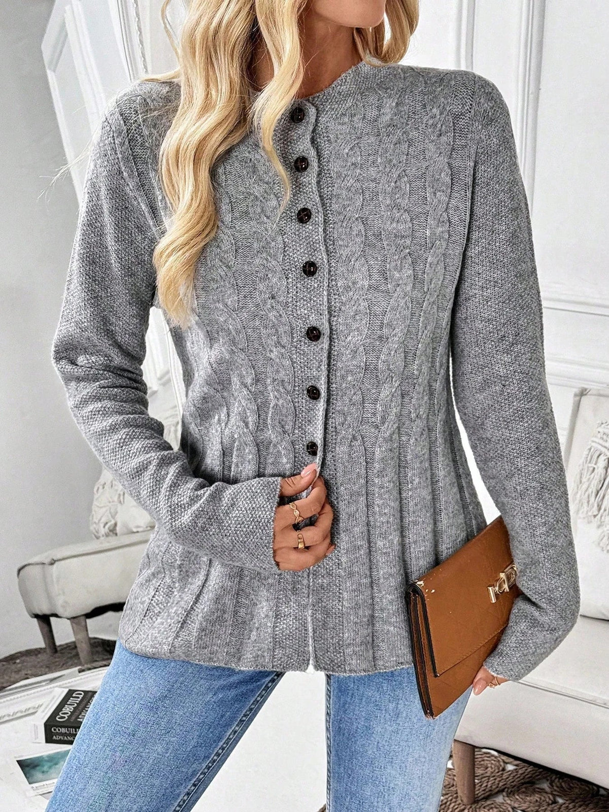Penelope | Women's Cable-Knit Fitted Peplum Button Cardigan