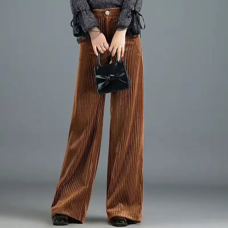 Peyton | Women's High Waisted Ribbed Velvet Wide Leg Trousers