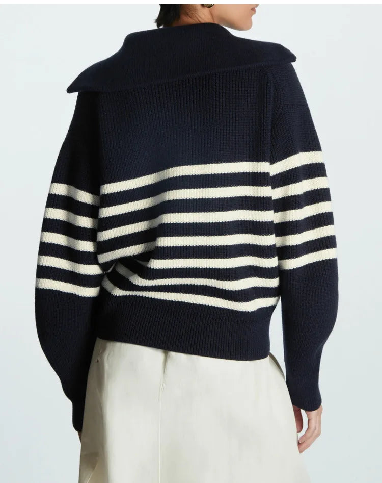 Liora | Women's Striped Ribbed Half-Zip Knitted Jumper