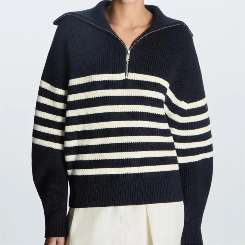 Liora | Women's Striped Ribbed Half-Zip Knitted Jumper