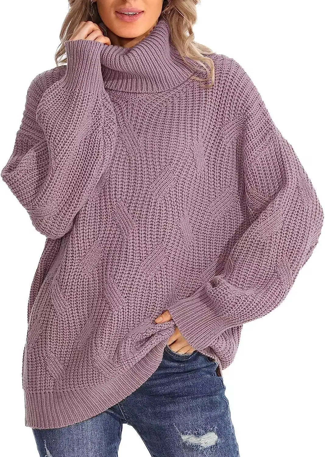 Women's Chunky Cable-Knit Oversized Turtleneck Jumper