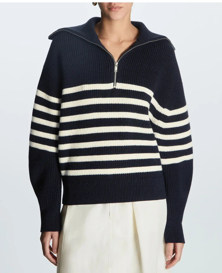 Liora | Women's Striped Ribbed Half-Zip Knitted Jumper