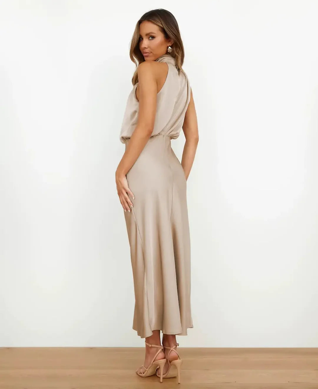 Amélie | Women's Draped Halter Neck Midi Wedding Guest Dress