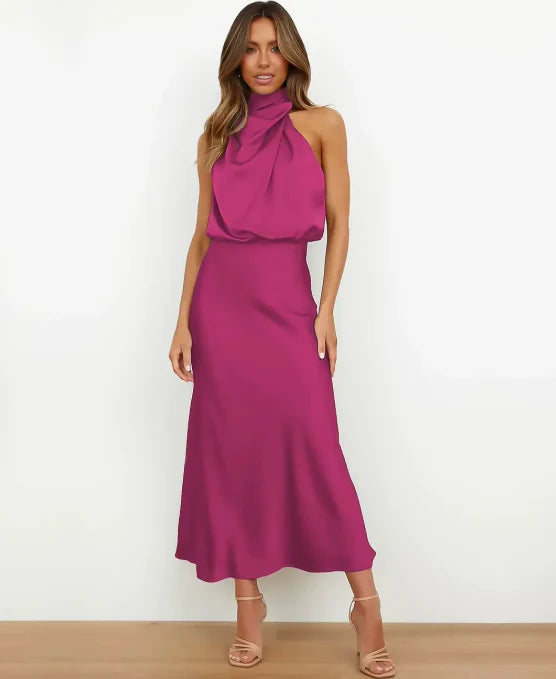 Amélie | Women's Draped Halter Neck Midi Wedding Guest Dress