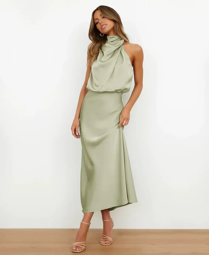 Amélie | Women's Draped Halter Neck Midi Wedding Guest Dress