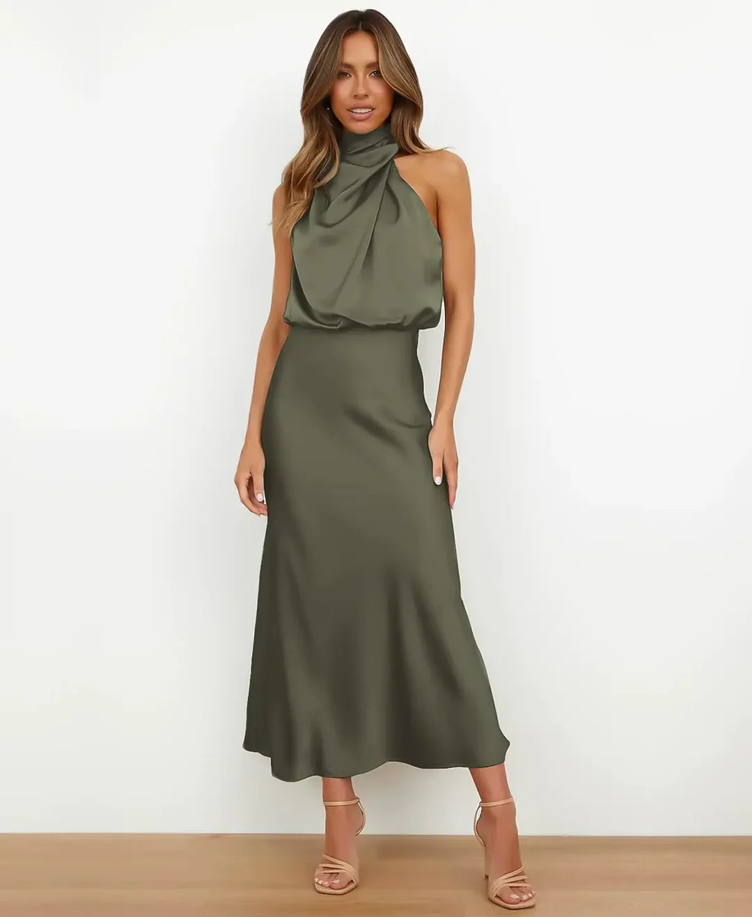 Amélie | Women's Draped Halter Neck Midi Wedding Guest Dress