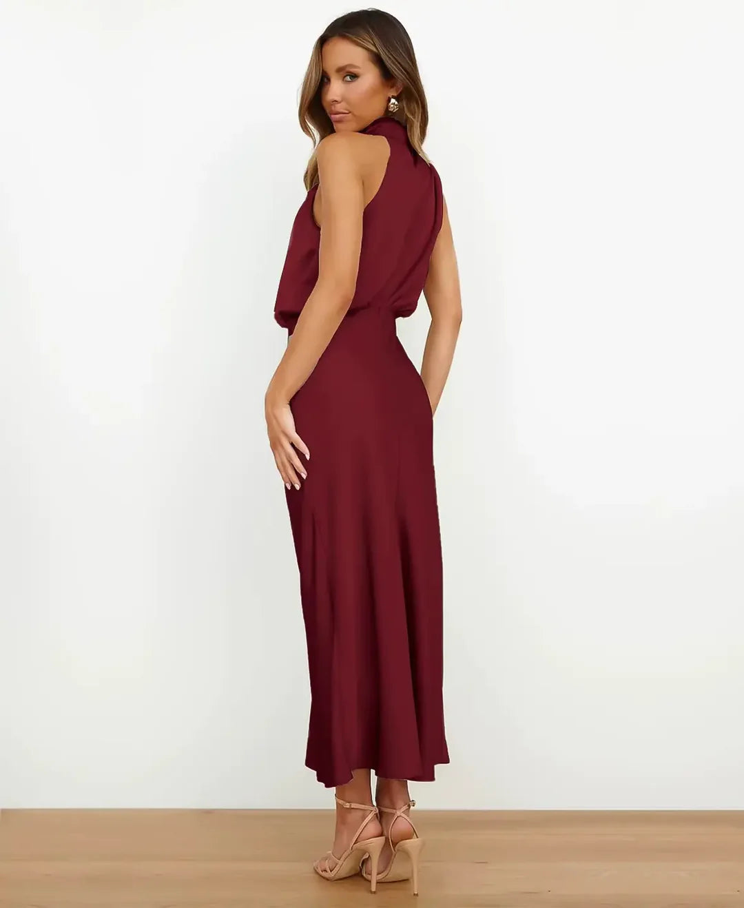 Amélie | Women's Draped Halter Neck Midi Wedding Guest Dress