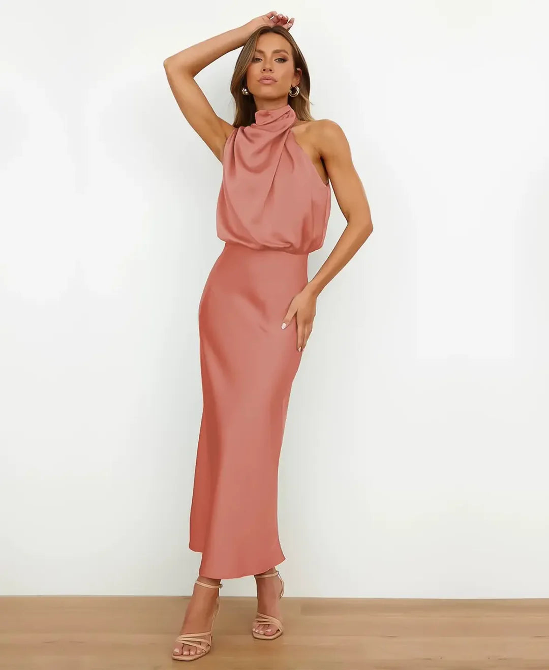 Amélie | Women's Draped Halter Neck Midi Wedding Guest Dress
