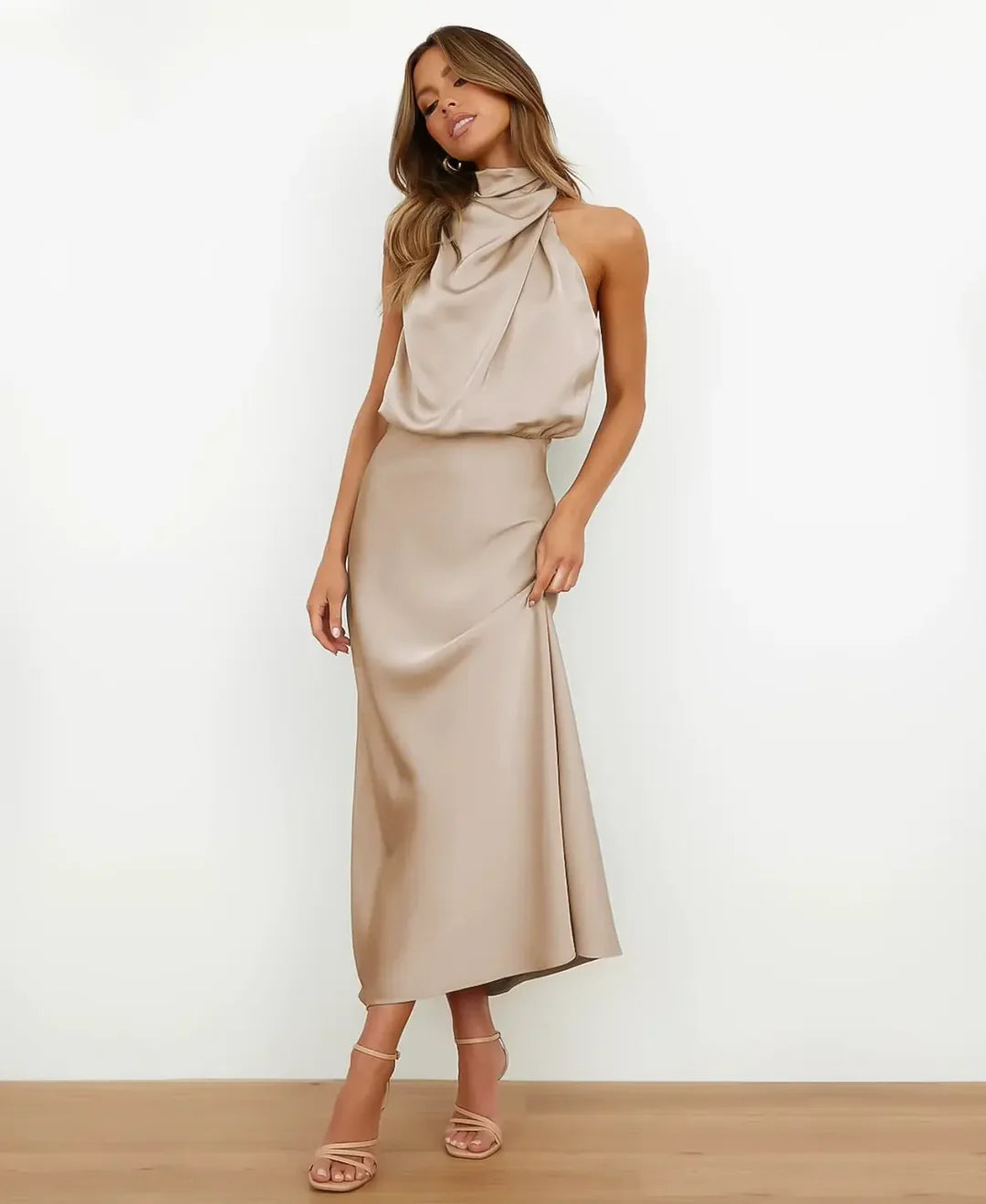 Amélie | Women's Draped Halter Neck Midi Wedding Guest Dress