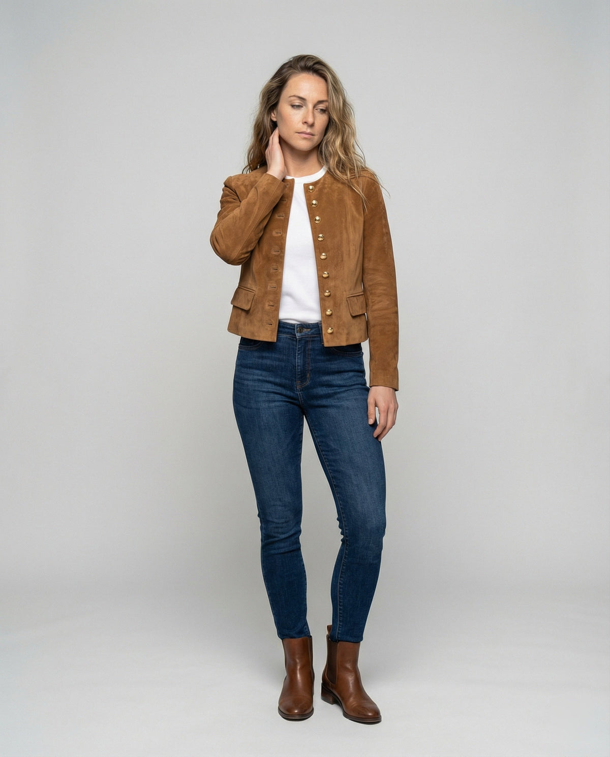 Elowen | Women's Faux Suede Collarless Gold-Button Jacket