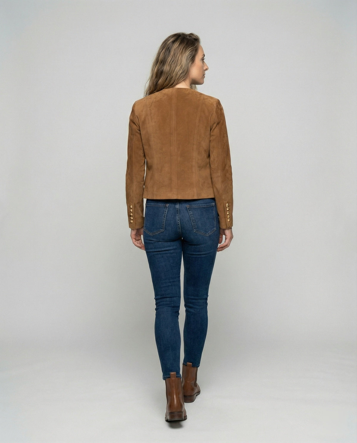 Elowen | Women's Faux Suede Collarless Gold-Button Jacket
