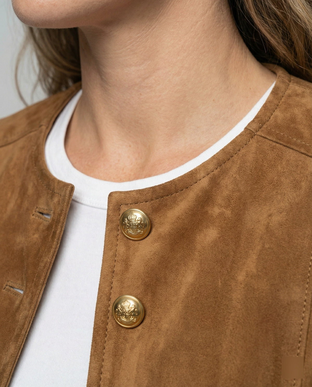 Elowen | Women's Faux Suede Collarless Gold-Button Jacket