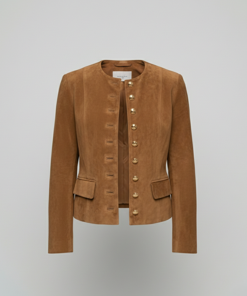 Elowen | Women's Faux Suede Collarless Gold-Button Jacket