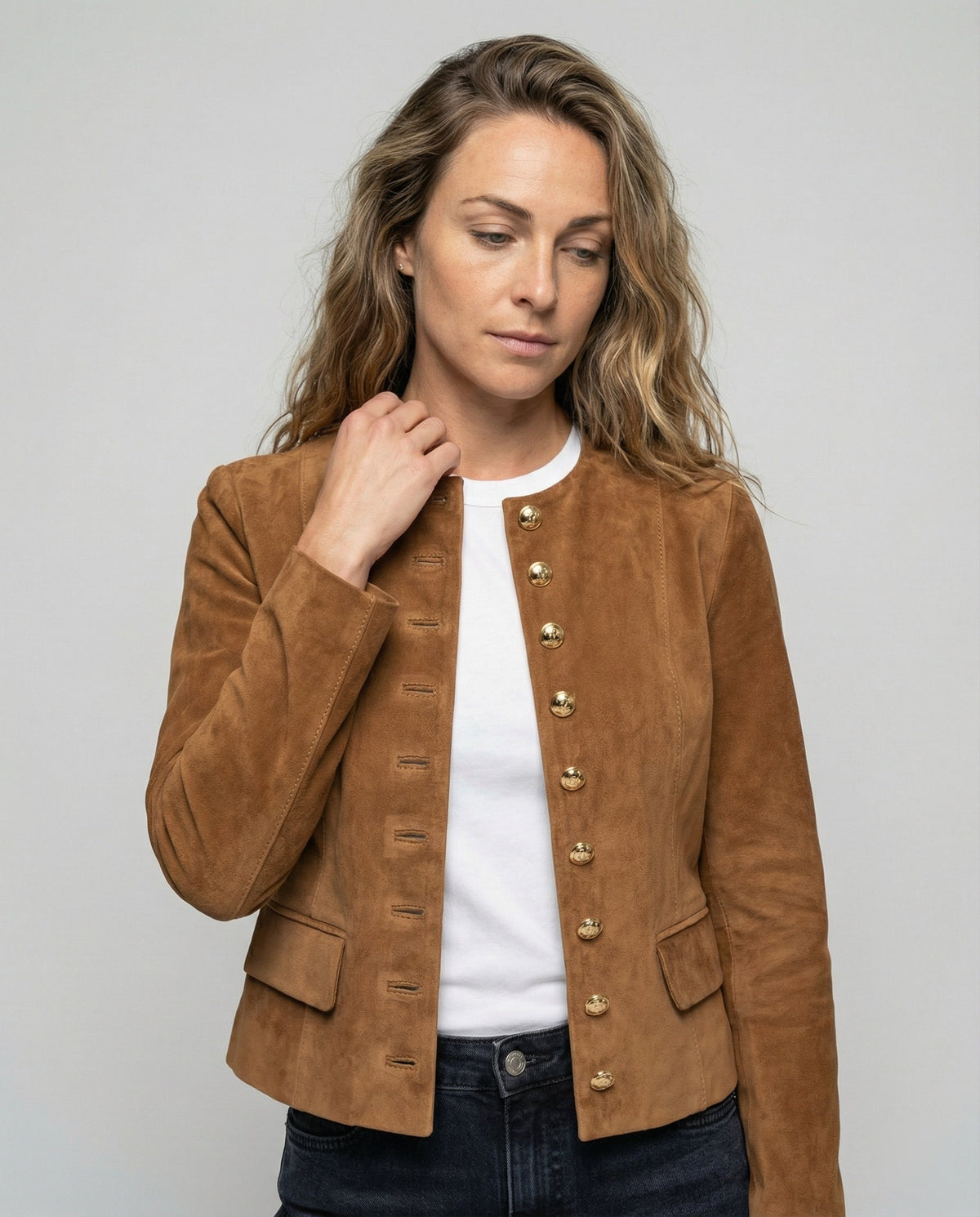 Elowen | Women's Faux Suede Collarless Gold-Button Jacket