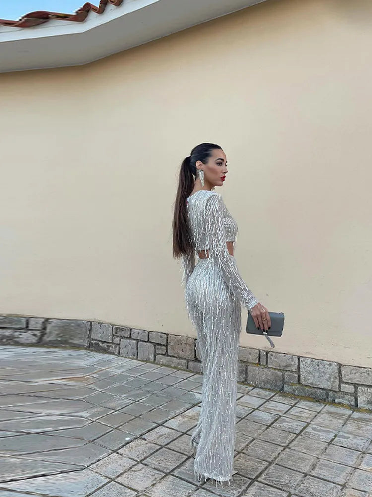 Yvaine | Women's Sequin Tassel Crop Top & Trouser Co-Ord Set