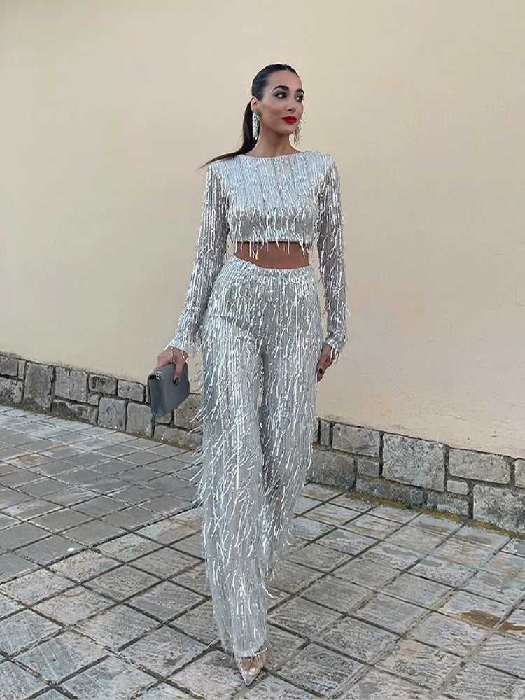 Yvaine | Women's Sequin Tassel Crop Top & Trouser Co-Ord Set