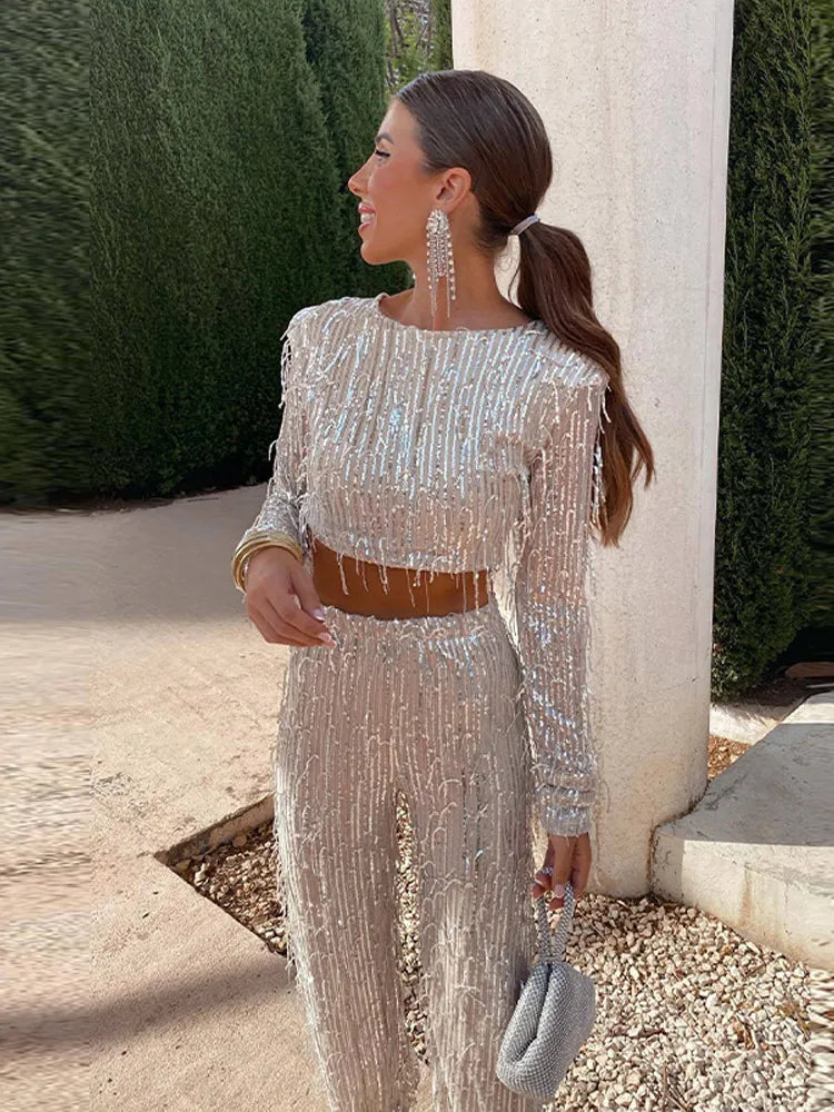 Yvaine | Women's Sequin Tassel Crop Top & Trouser Co-Ord Set