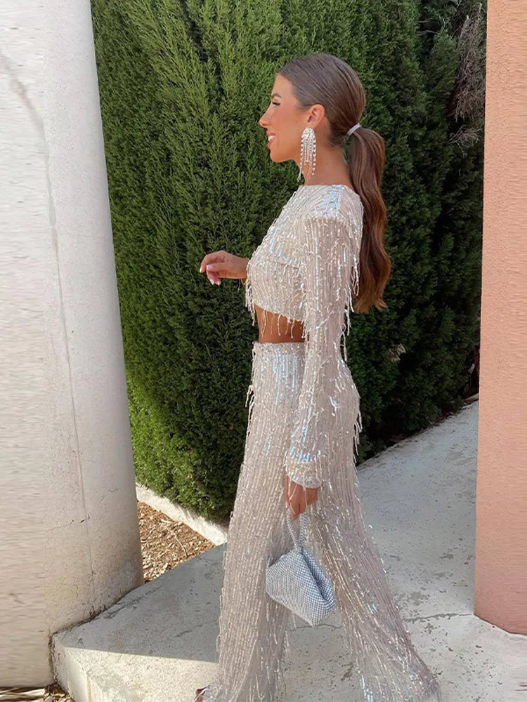 Yvaine | Women's Sequin Tassel Crop Top & Trouser Co-Ord Set