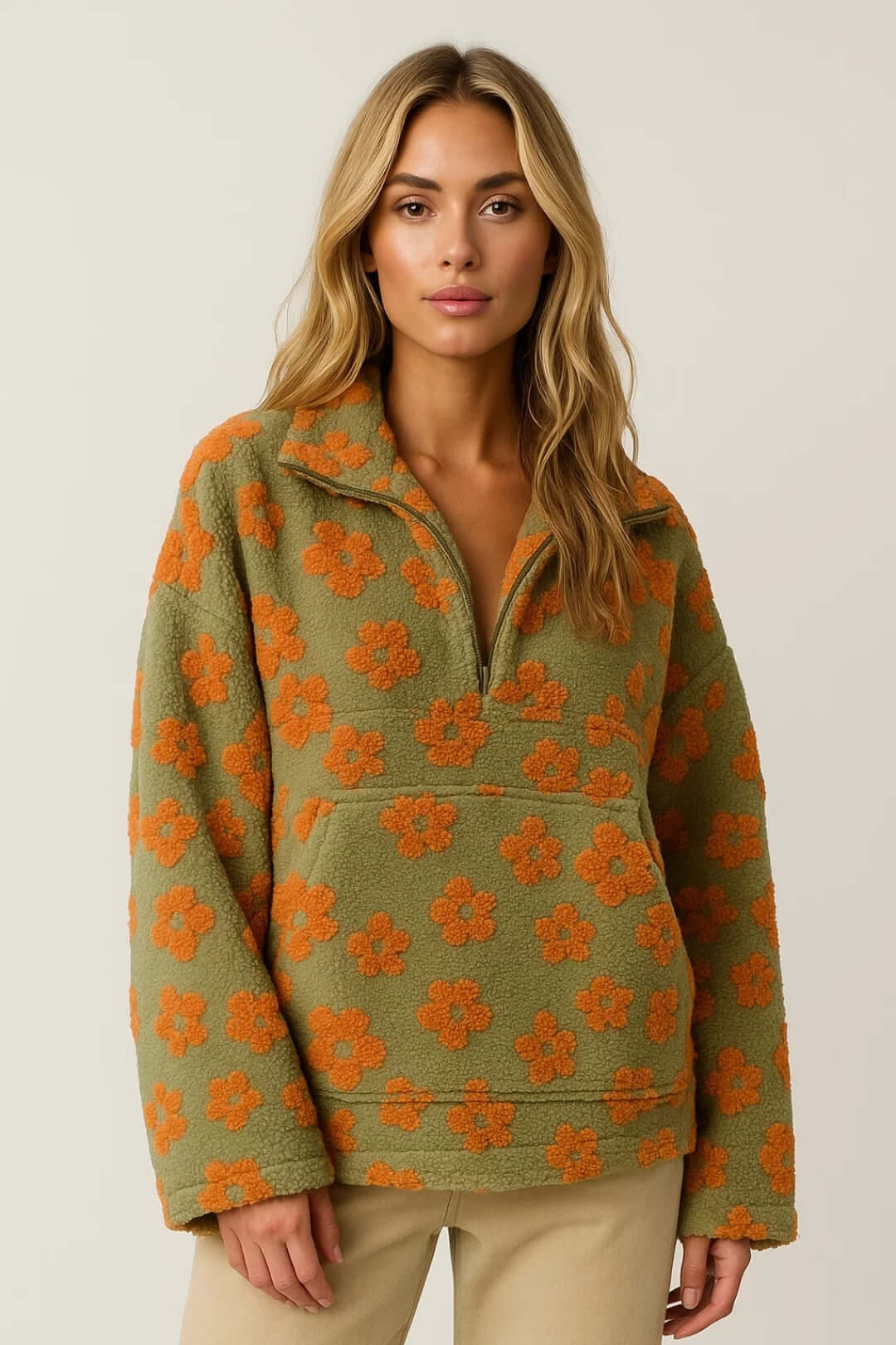 Dahlia | Women's Floral Half-Zip Kangaroo Pocket Knitted Jumper