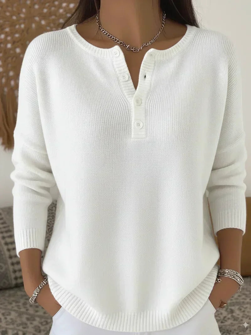 Women's Ribbed Henley Button Drop-Shoulder Knitted Jumper
