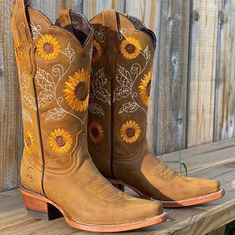 Women's Embroidered Leather Boho Mid-Calf Boots