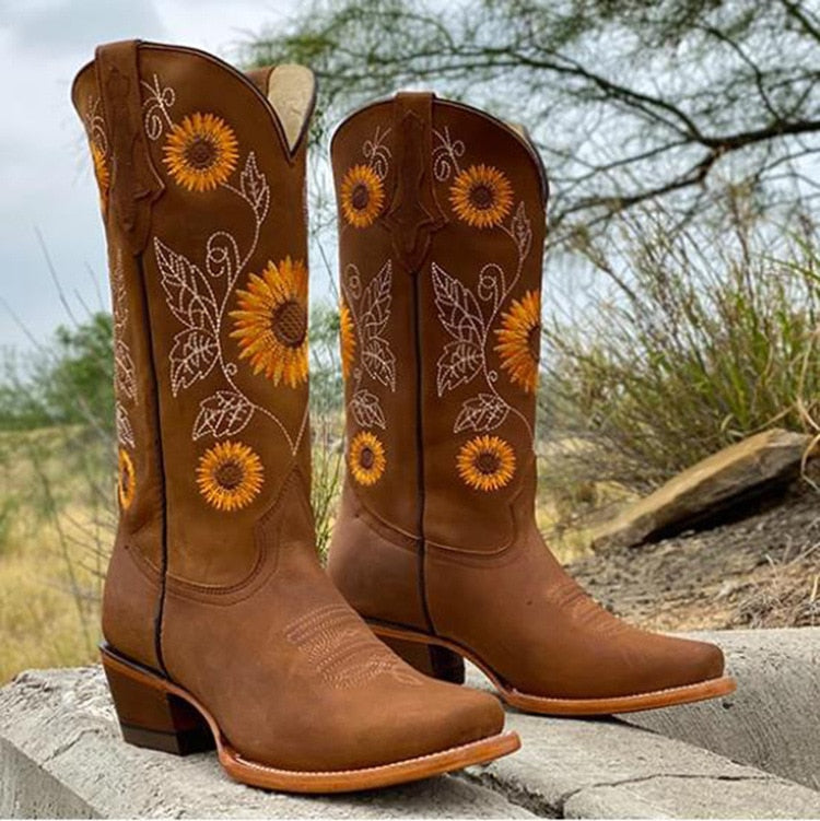 Women's Embroidered Leather Boho Mid-Calf Boots