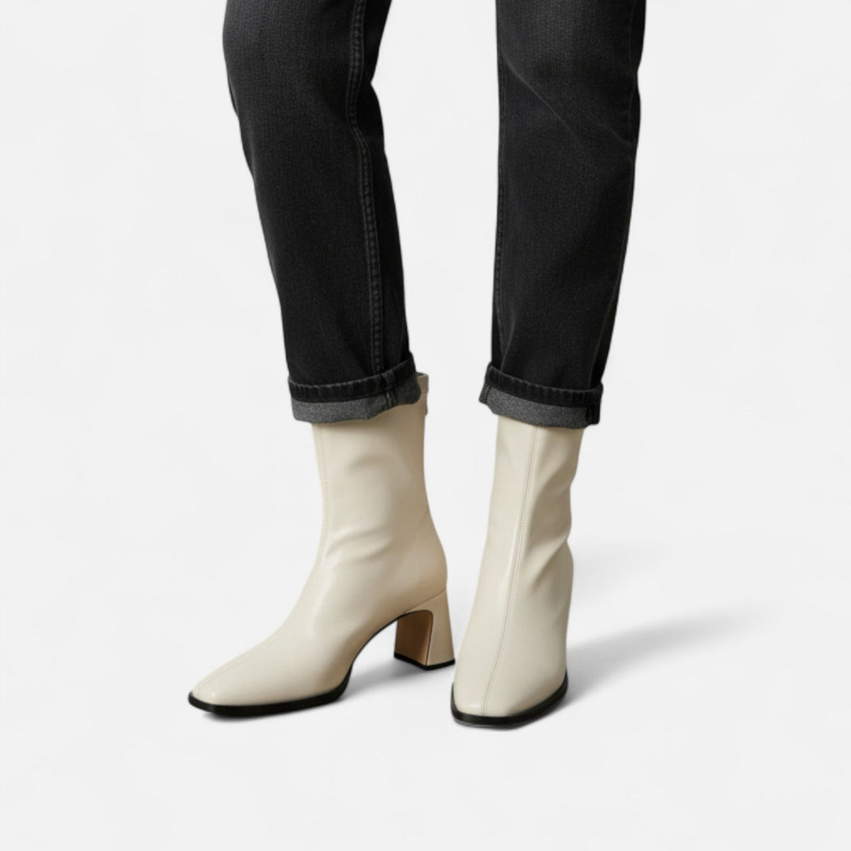 Women's Leather Square-Toe Mid-Heel Ankle Boots