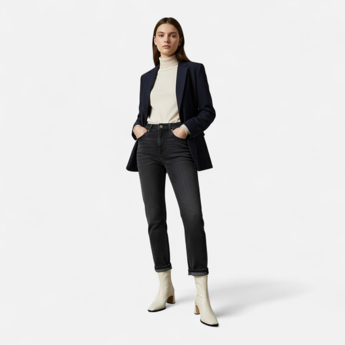 Women's Leather Square-Toe Mid-Heel Ankle Boots