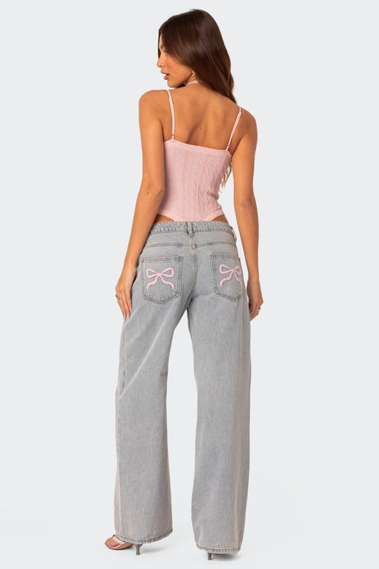 Women's Baggy Wide-Leg Jeans with Bow Embroidery