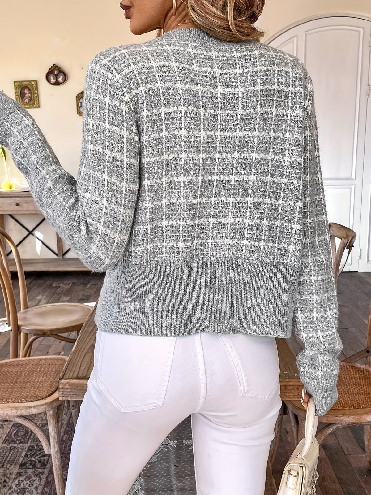 Elo | Women's Cropped Houndstooth Knit Cardigan
