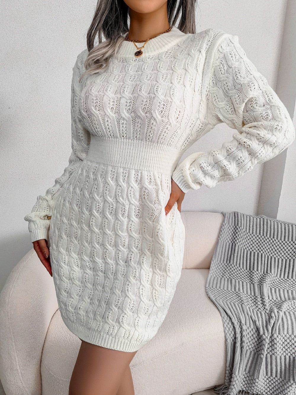 Women’s Cable Knit Mini Dress with Long Sleeves