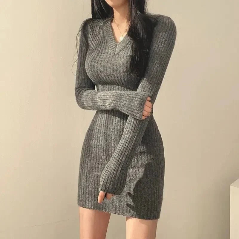 Marnie | Women's Ribbed V-Neck Long Sleeve Mini Dress