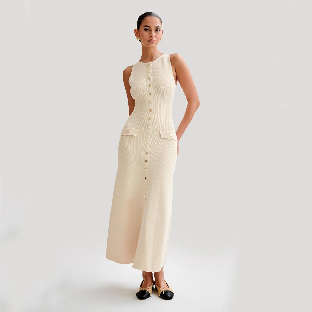 Adeline | Women's Ribbed Knit Button-Front Maxi Party Dress