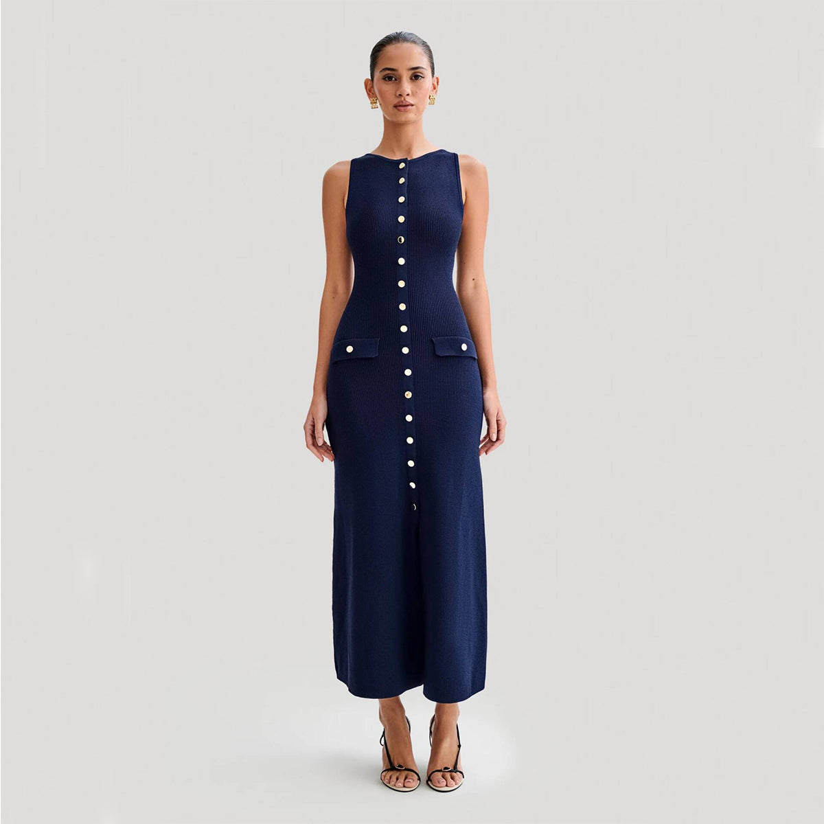 Adeline | Women's Ribbed Knit Button-Front Maxi Party Dress
