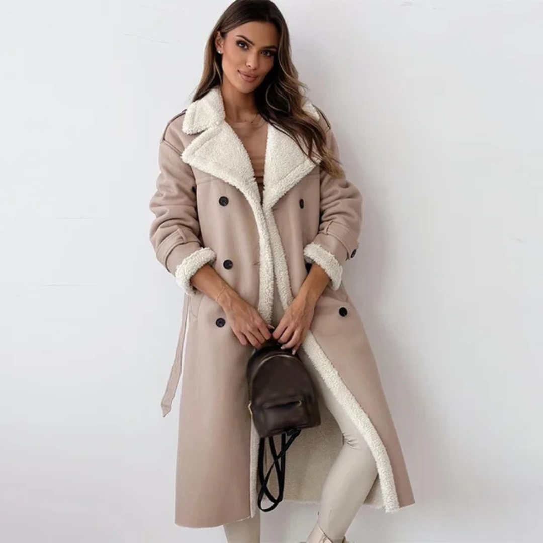 Women's Long Faux Shearling Suede Belted Winter Coat