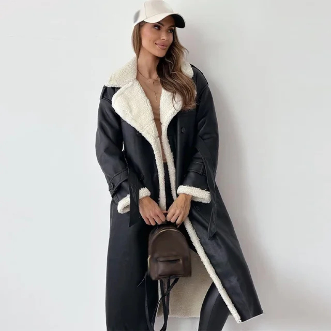 Women's Long Faux Shearling Suede Belted Winter Coat