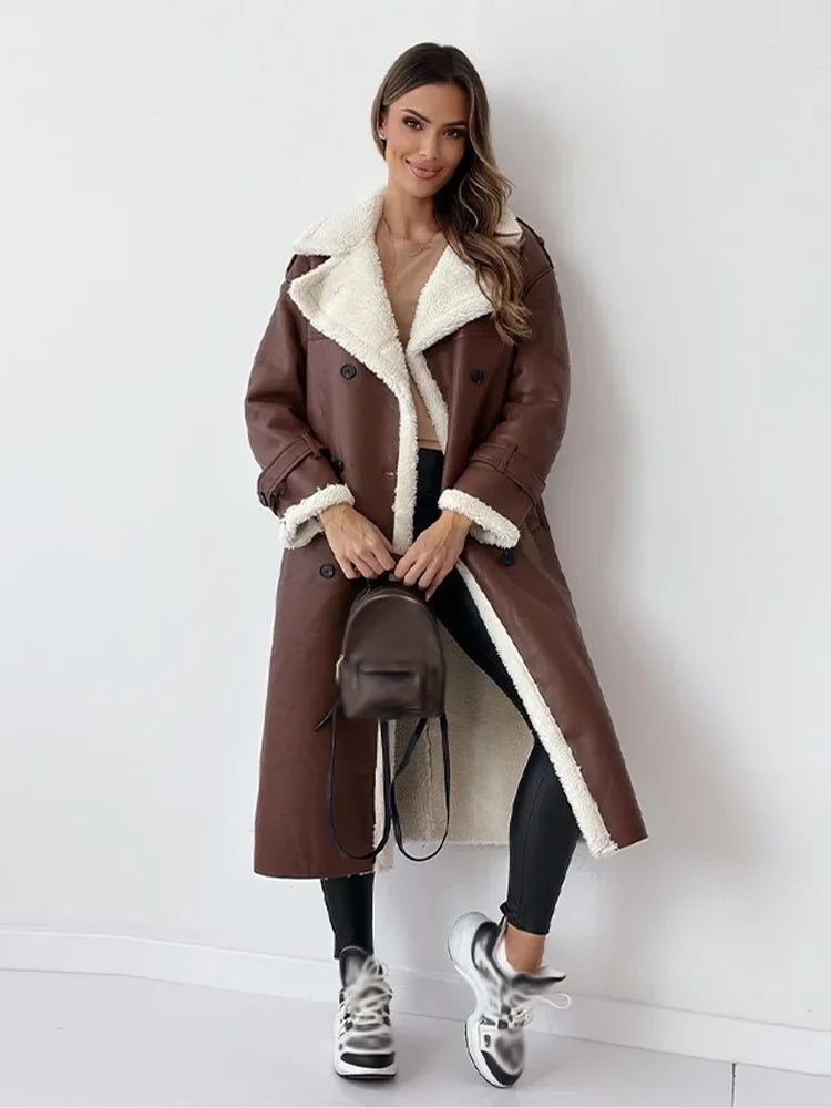 Women's Long Faux Shearling Suede Belted Winter Coat
