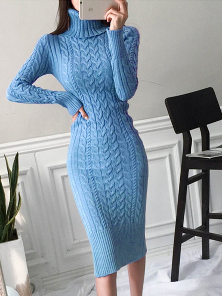 Women's Cable Knit Roll Neck Midi Dress | Winter