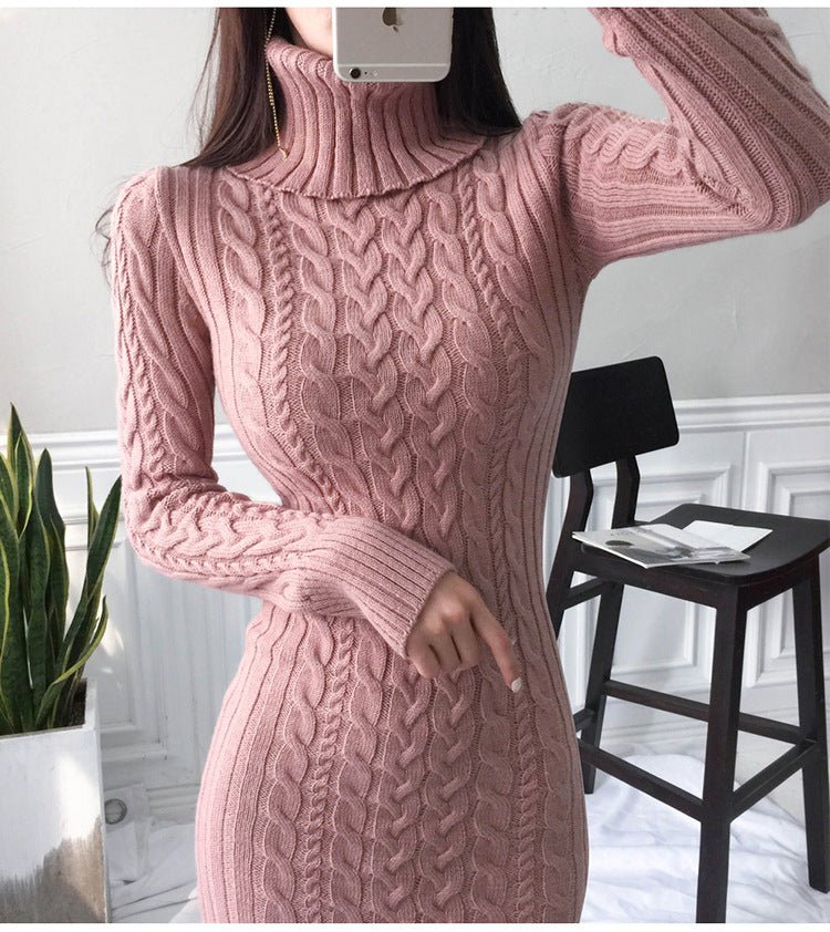 Women's Cable Knit Roll Neck Midi Dress | Winter