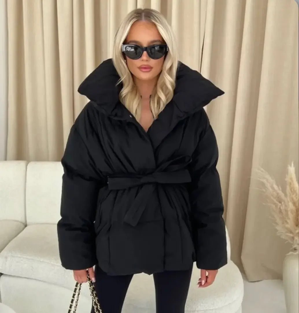 Women's Puffer Jacket with Tie Belt & High Collar | Oversized