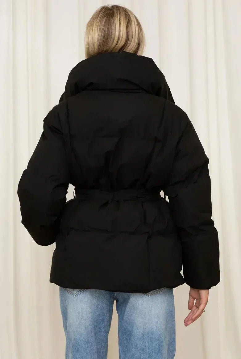 Women's Puffer Jacket with Tie Belt & High Collar | Oversized