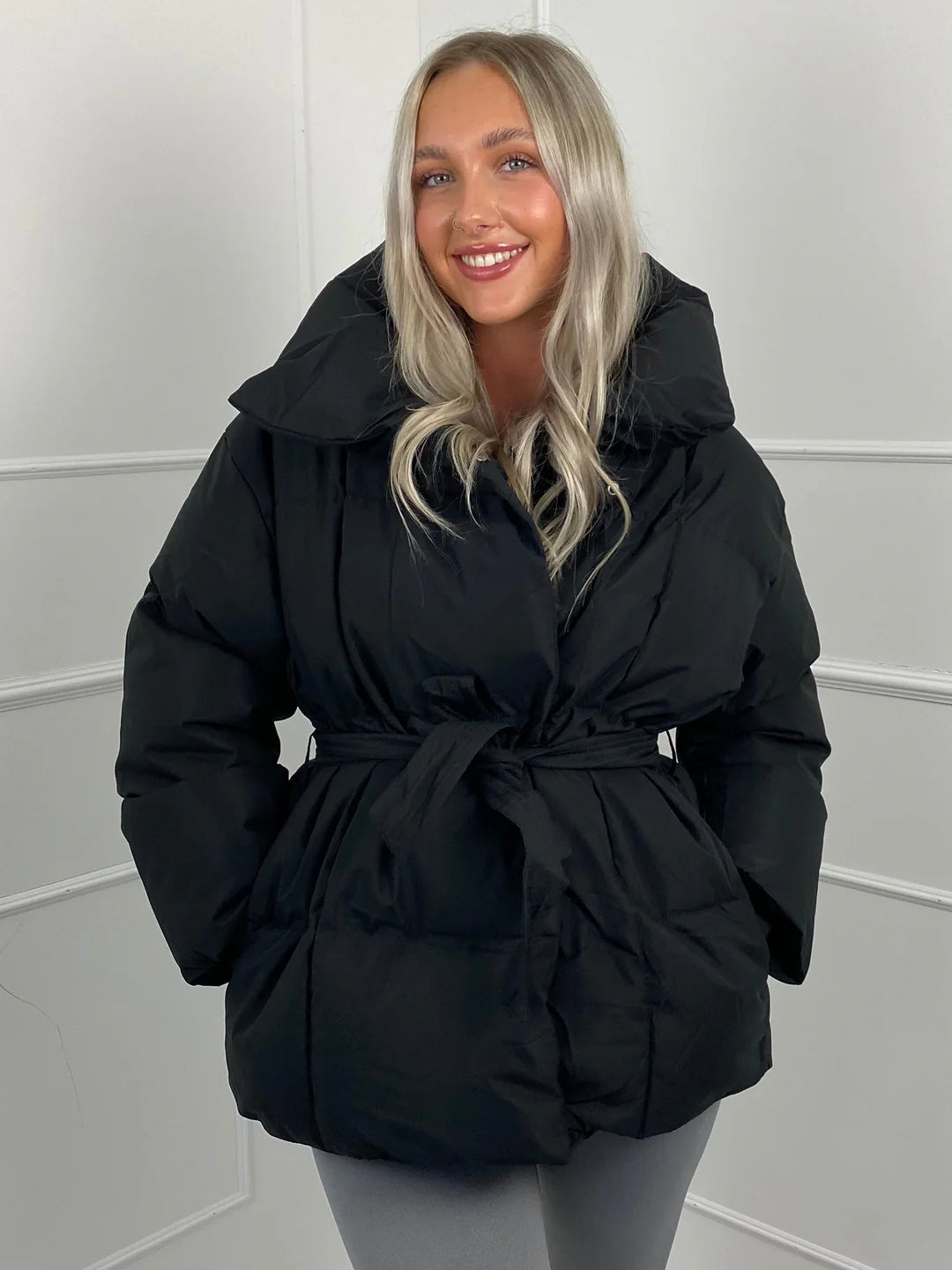 Women's Puffer Jacket with Tie Belt & High Collar | Oversized